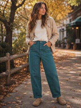 Risen HR Barrel Jeans Cuffed Relaxed Green Stretch Cottagecore Fall 11/30 NEW